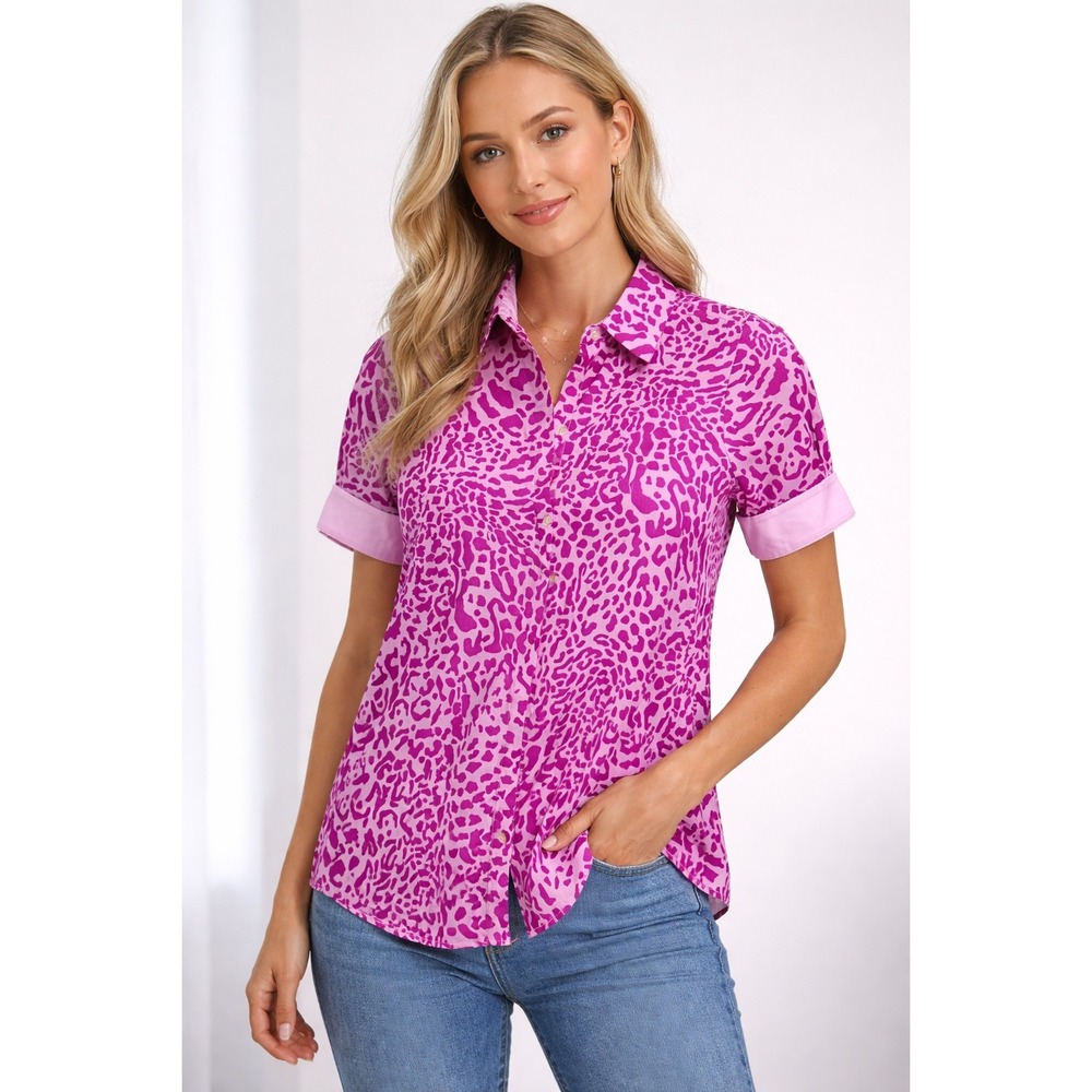 Perlavera Pink Spring Animal Print Button Down Shirt Short Sleeve Cuffed Large